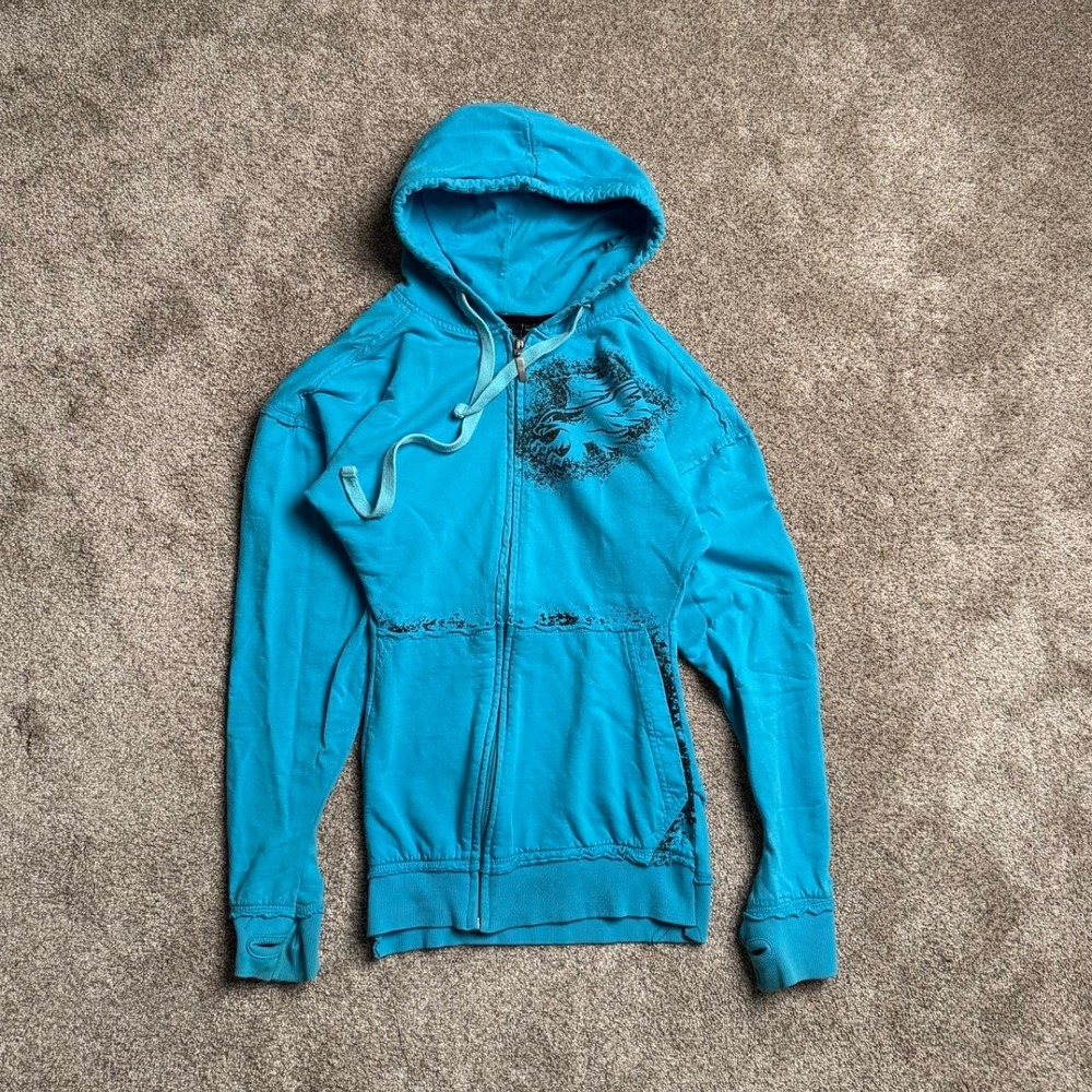 BLUE Y2K BURNSIDE "HAWK" ZIP UP HOODIE